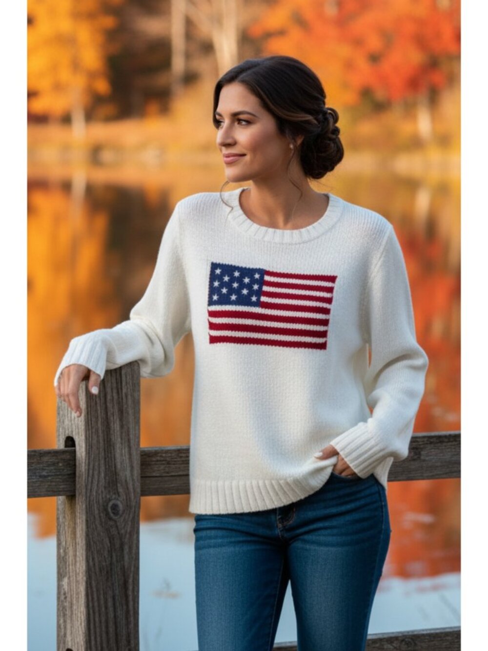 American USA Flag Stars & Stripes Round Neck Long Sleeve Pullover Knit Sweater